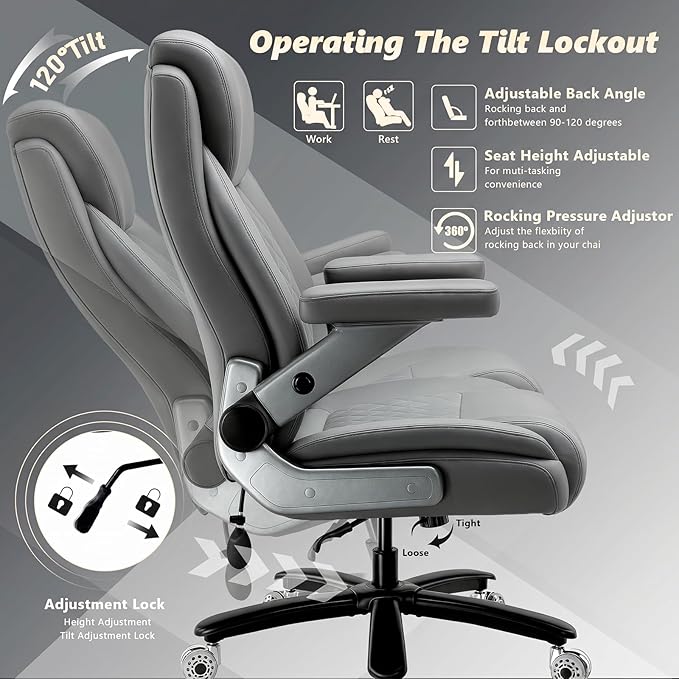 650LBS Big and Tall Office Chair with 5D Flip Arms and Thick Pocket Spring Cushion,Extra Wide Heavy Duty Office Chair&Adjustable Lumbar Support,Large High Back Computer Chair Dual Rubber Wheel (Grey1)