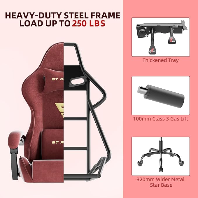 Gaming Chair Racing for Adult, Office Chair with Footrest Massage Lumbar Cushion, Velvet Fabric Reclining Video Game Chairs, Ergonomic Computer Chairs Height Adjustable, for Home Streaming, Red