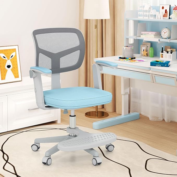 Giantex Kids Desk Chair, Ergonomic Adjustable Student Rolling Chair with Footrest & Flip-up Armrest, Mesh Children Office Chair with Universal Wheels, Kids Computer Chair for Boys & Girls, Blue