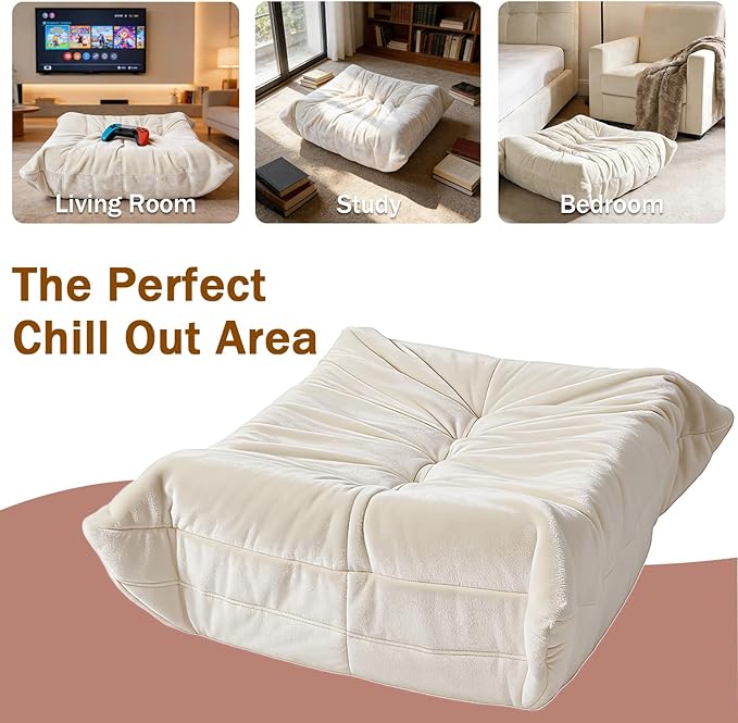 Extra Large 29.5"x27.5" Bean Bag Ottoman Fireside Chair, Memory Foam Foot Rest, Soft Corner Lazy Sofa for Living Room, Bedroom, Dorm & Apartment, Comfy Seat for Adults, Teens, Kids (Beige)