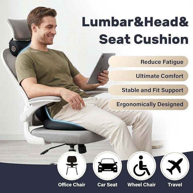 Coverado Seat Cushion and Lumbar Support Pillow for Driving Seat, Neck Headrest Pillow with Adjustable Strap, Soft and Breathable PU Leather, High Density Memory Foam for Neck & Lower Back Pain Relief