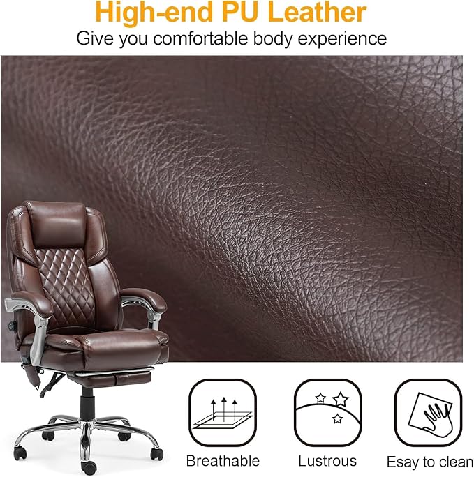 HOMREST 2-Point Massage Office Chair with Lumbar Support, Heated Executive Office Chair, Computer Gaming Chair with with Adjustable Backrest for Home Office, Brown