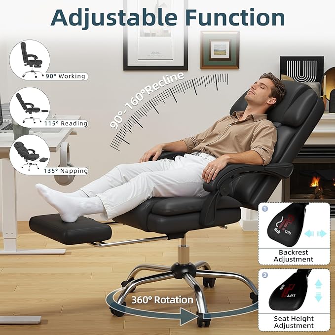 HOMREST 6-Point Massage Office Chair with Heat, Ergonomic Reclining Desk Chair with Footrest, PU Leather Executive Chairs for Home Office, Massaging Computer Chair Gift for Men, Black