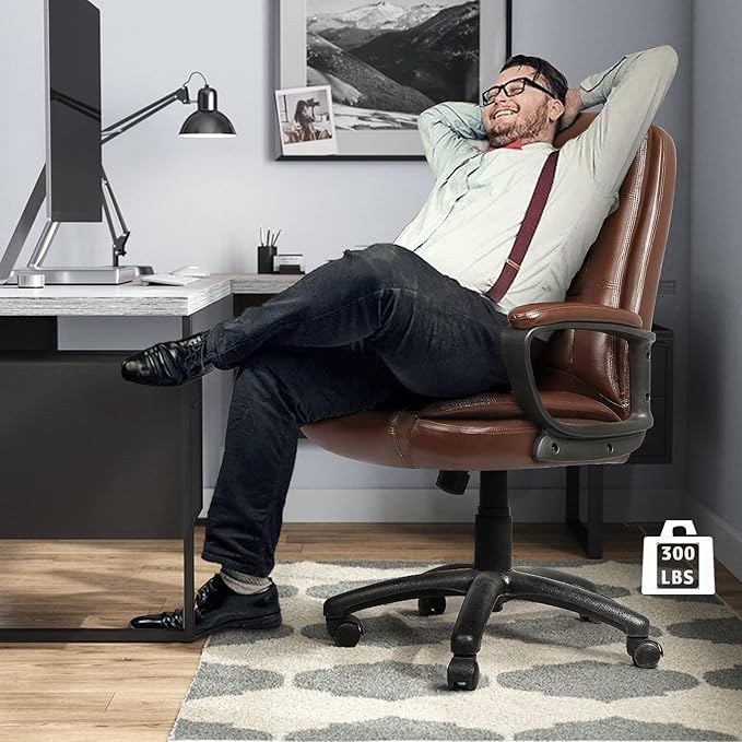 LEMBERI Office Desk Chair, Managerial Executive Chair, High Back Computer Chair, Ergonomic Height Adjustable PU Leather Chairs with Cushions Armrest for Long Time Sitting (Brown)