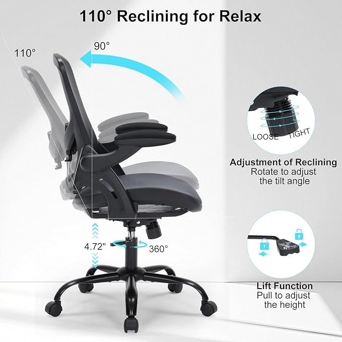 Ergonomic Office Chair with Flip-up Arms, Space Saving Mesh Desk Chair with Adjustable Lumbar Support & Headrest, Breathable Executive Computer Chair, Heavy Duty Swivel Task Chair 300LBS