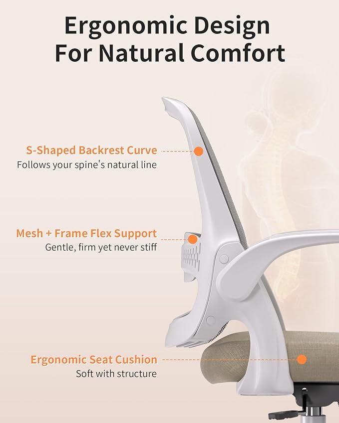 Ergonomic Mesh Office Chair with Flip-Up Arms, Adjustable Height, Breathable Mesh Back & Thick Cushion Seat, 360° Swivel Rolling Computer Desk Chair, BIFMA Certified, Supports 300 lbs (Beige)