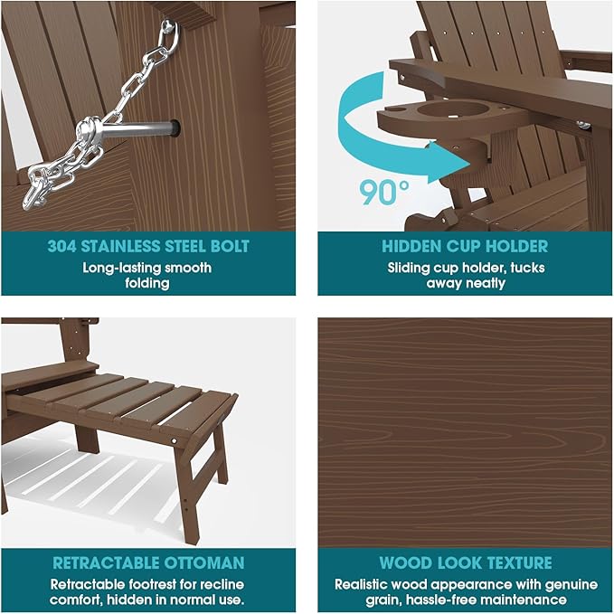 THOEOE Adjustable Adirondack Chair with Retractable Ottoman, HDEP Folding Adirondack Chairs with Footrest 2-in-1 Cup Holder, All Weather Outoor Fire Pit Chair with Foot Rest Set 1 Brown