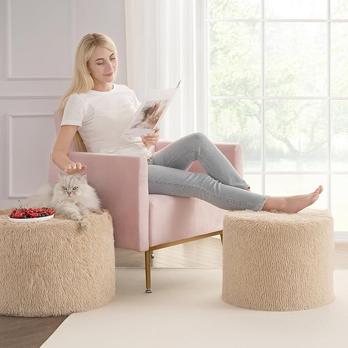 Hansleep Round Stuffed Pouf Ottoman 17 x 14, Foam Filled Faux Fur Ottoman Foot Rest for Chair with Washable Cover, Foot Stools Under Desk for Living Room & Bedroom, Brown