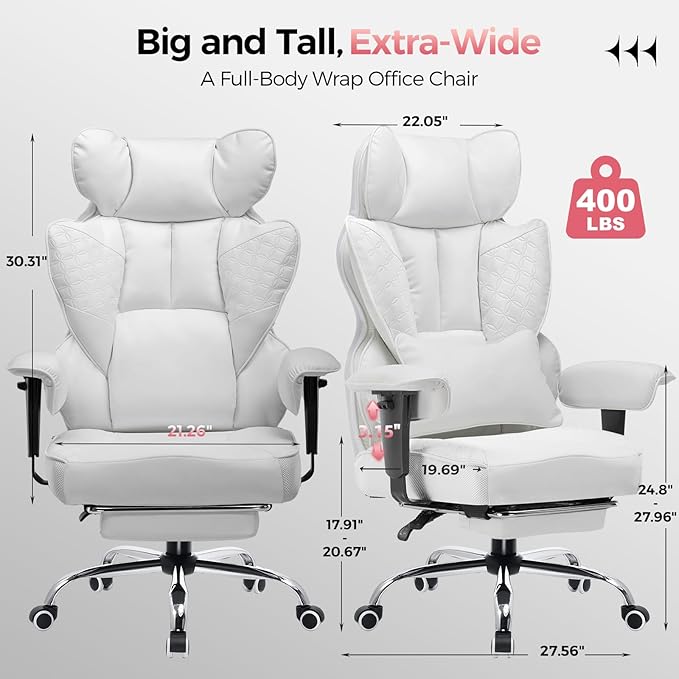 GTPLAYER Big and Tall Gaming Chair 400lbs Heavy Duty Office Chair with Foot Rest & Ergonomic Pocket Spring Lumbar Support, High Back Executive Computer Desk Chair for Lower Back Pain Relief, White