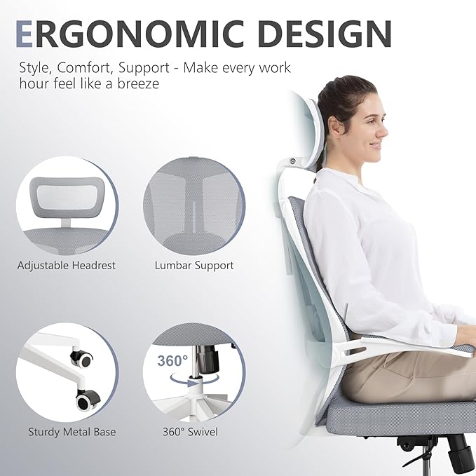 350 LBS Ergonomic Office Computer Mesh Chair - Adjustable Height Rolling Desk Chair with Flip-Up Armrests & High Back Support - Comfortable Swivel Task Chair for Home Office (03grey)