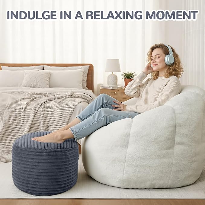 MeMoreCool Stuffed Round Pouf Ottoman Foot Rest, Soft Plush Floor Pouf Foot Stool, Corduray Footstool Footrest, Small Round Ottoman for Living Room Couch Sofa Chair, 20x15 Inch Grey