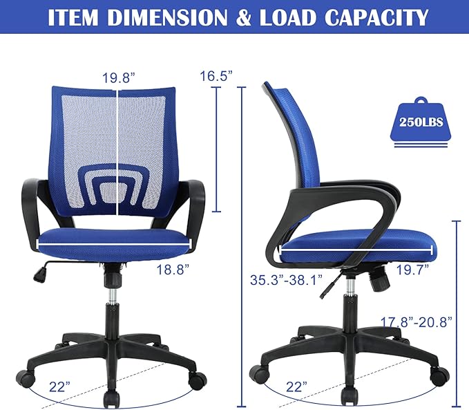 MKDLUFEI Office Chair, Adjustable Ergonomic Computer Task with Lumbar Support Mid Back Mesh Task with Backrest for Home Office Work Student, Adults, Blue