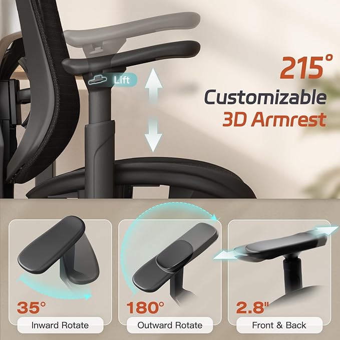 Ergonomic Home Mesh Chair with Footrest, Lumbar Height Adjustment & 215° Rotate Armrests, Recline Lock 90°–120°, High-Back Big and Tall Computer Chair, Heavy-Duty Office Chair, Black