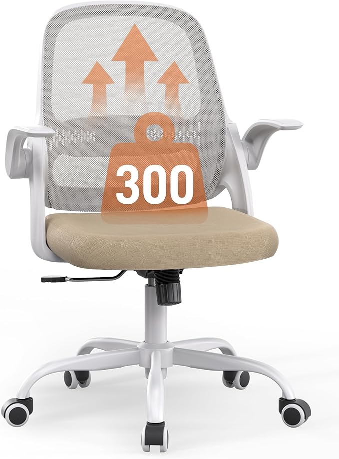 Ergonomic Mesh Office Chair with Flip-Up Arms, Adjustable Height, Breathable Mesh Back & Thick Cushion Seat, 360° Swivel Rolling Computer Desk Chair, BIFMA Certified, Supports 300 lbs (Beige)
