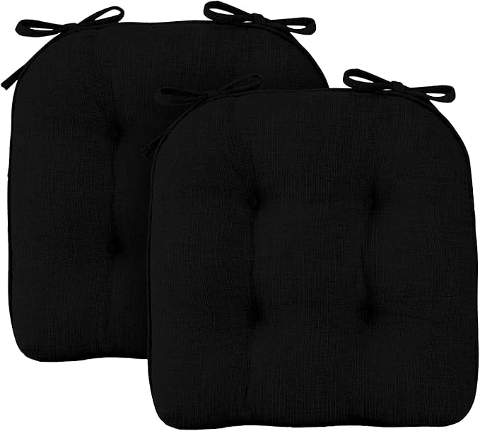 Wellsin Chair Cushions for Dining Chairs, Non-Slip Kitchen Chair Pads with Ties, Tufted Shredded Foam Kitchen Chair Cushions Set of 2, 15.5" X 15.5", Black
