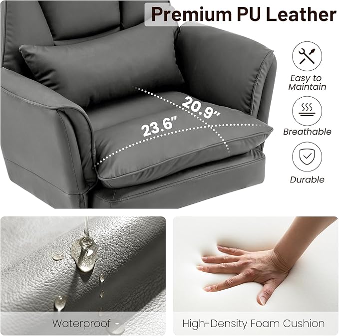 Furniliving Big and Tall Office Chair, Executive Reclining Computer Gaming Chair with Foot Rest, Flip Armrest & Lumbar Pillow, Thicken Wider Seat for Criss Cross Legged Sitting, Desk Chair, PU, Grey