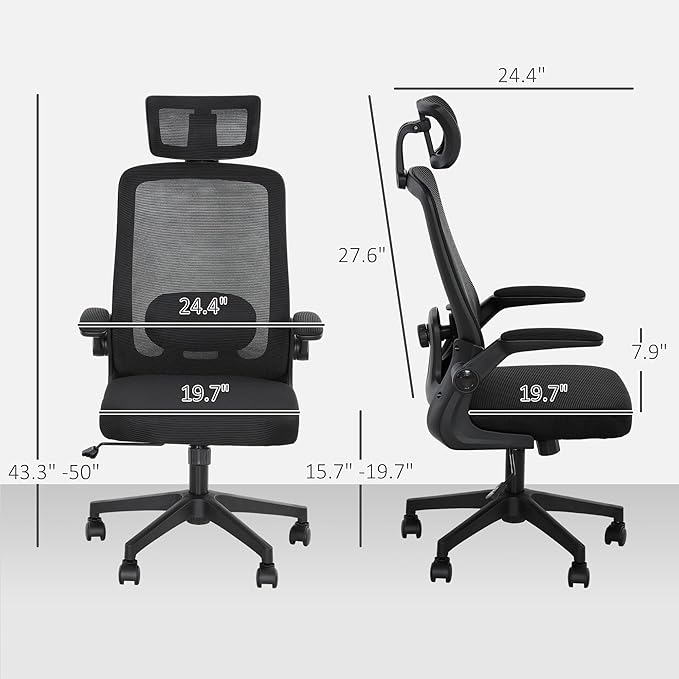 HOMCOM Office Chair, High Back Desk Chair with Flip-up Armrest, Rotatable Headrest, Tilt Function, Adjustable Lumbar Support, Swivel Wheels for Home Study, Black