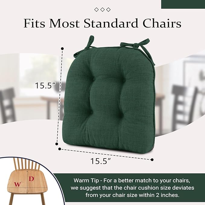 Wellsin Chair Cushions for Dining Chairs, Non-Slip Kitchen Chair Pads with Ties, Tufted Shredded Foam Kitchen Chair Cushions Set of 4, 15.5" X 15.5", Dark Green