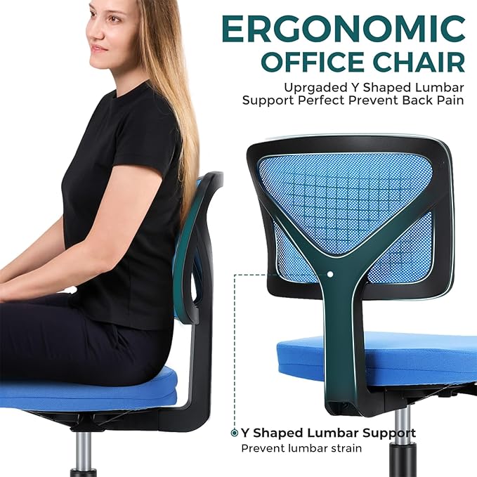 DUMOS Armless Office Chairs with Wheels Cute Home Desk Chair No Arms, Ergonomic Adjustable Swivel Rolling Task Chair, Comfy Mesh Mid Back Computer Work Vanity Chair for Small Spaces, Blue