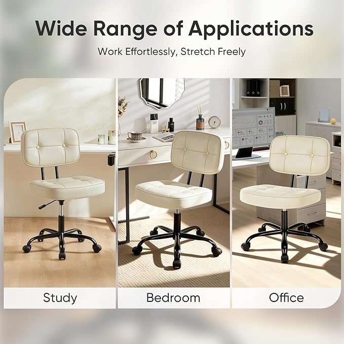 DUMOS Home Office Desk Chair - Ergonomic Armless PU Leather Computer Rolling Task Chair，with Comfy Lumbar Support and Height Adjustable, Vanity, Bedroom, Living Room, Beige