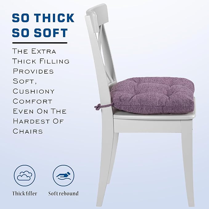 SQUARE MOON D-Shaped 3" Thick Chair Cushions, Chair Pads for Dining Chairs and Kitchen Chairs, Indoor Dining Room Seat Cushions with Ties, Machine Washable, 17" x 16" x 3", 4/Pack, Light Purple