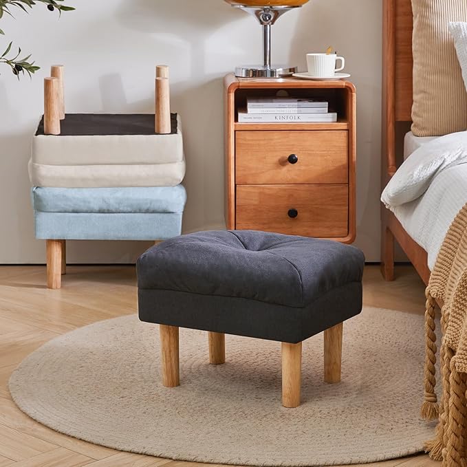 YMYNY 15.75" Small Foot Stool Ottoman, Footrest with Sponge Soft Padded Seat, Cotton-Linen Blend Fabric Footstool for Sofa, Bedroom, Living Room, Entryway, Solid Wood Legs, Dark Grey UHBD023BG