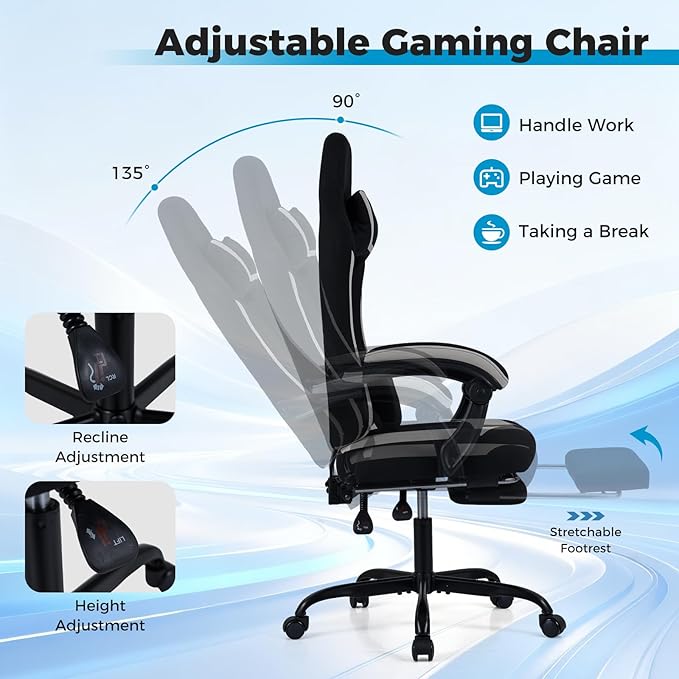 Goplus Gaming Chair, Ergonomic Office Chair with Foot Rest, Lumbar Support, Linkage Armrests, Detachable Headrest, 360°Swivel Computer Desk Chair w/Adjustable Backrest & Height, 330 lbs Capacity