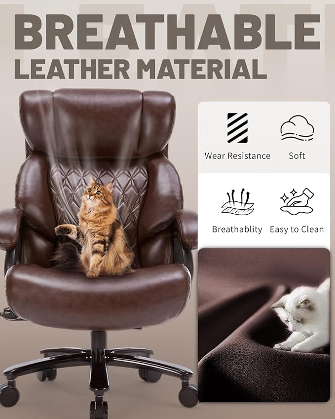 800LBS Heavy Duty Office Chair & Massage Footrest Big & Tall Executive Chair with Adjustable Lumbar Support, PU Leather, Extra Wide Seat for Comfort