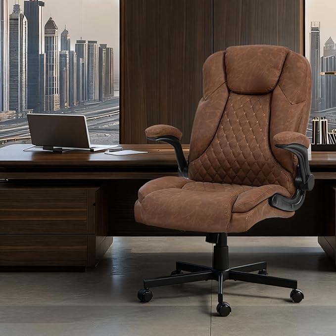 450 LBS Big and Tall Office Chair w/Flip Up Armrest, Comfy Heavy Duty Executive Chair, Extra Wide Seat Ergonomic Computer Home Office Desk Chair w/Rocking Function, Lumbar Support - Brown