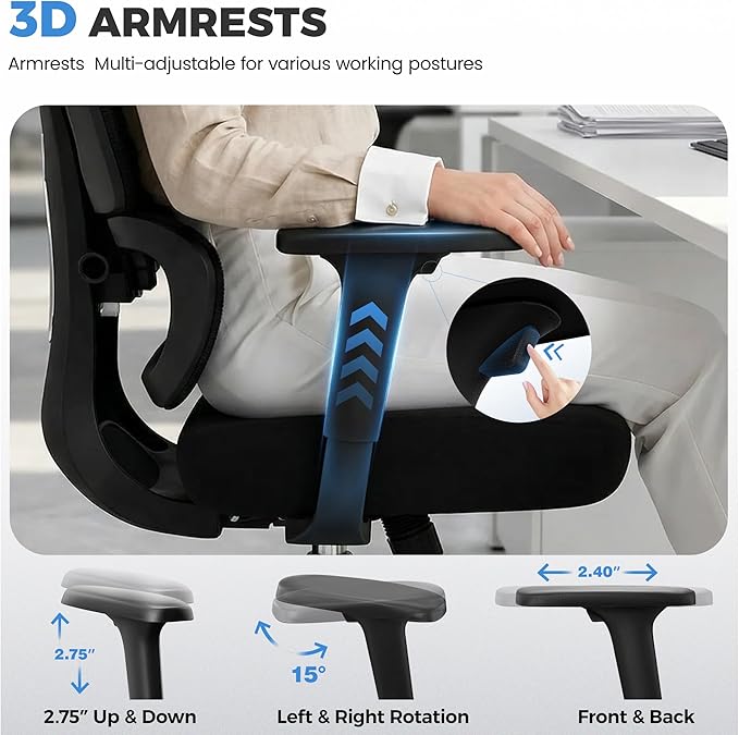 Office Desk Chair, Ergonomic Office Chairs with Lumbar Support, Breathable Mesh Desk Chair with Thickened Cushion Comfy for Home Office, Work, 300Lbs, Black