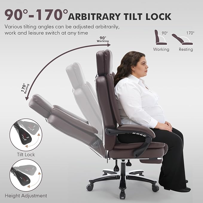 500lbs Plus Size Office Chair with Lumbar Support, PU Leather Big and Tall Heavy Duty Reclining Office Desk Chair with Foot Rest, Brown