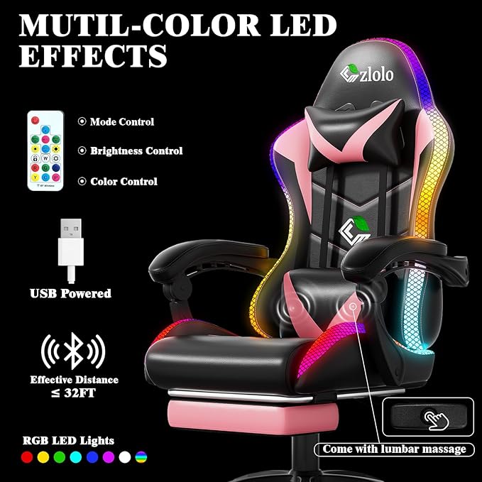 Czlolo Gaming Chair, Racing Style RGB LED Lights Gaming Chairs for Adults and Kids, Lumbar Massager Gamer Chair, High Back Reclining Computer Chair with Footrest and Headrest (Black/Pink)