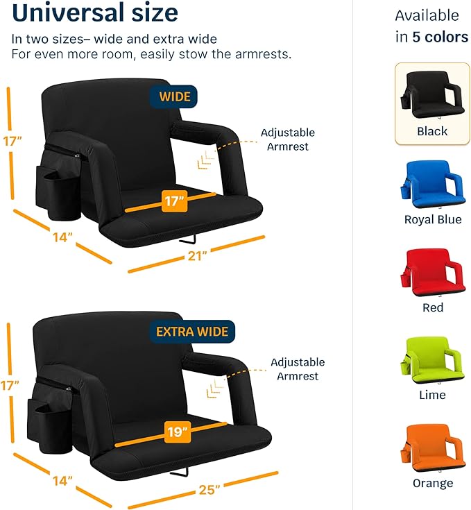 Alpcour Stadium Seats with Back Support for Bleachers – Wide Bleacher Chairs with Thick Padded Cushion, Armrests, Side Pockets, & Shoulder Straps – Best Portable Seat Chair for Sports Events