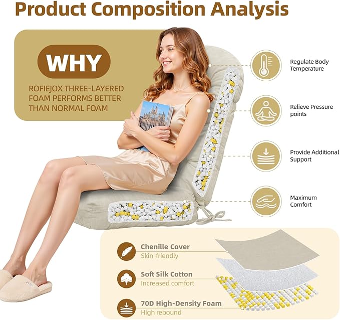 Rocking Chair Cushion - Chenille Fabric, High-Density Sponge, Durable Comfort Double-Sided Tufted Seat Pads with Ties, Chenille︱Oyster White, 44x19x4 inch