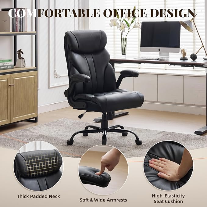 Garvee Comfortable Office Desk Chair 500 LBS, Big and Tall Office Chairs with Adjustable Flip-up Armrests,100-118°Recline Executive Leather Gaming Chair for Heavy People, Long Hours,Black