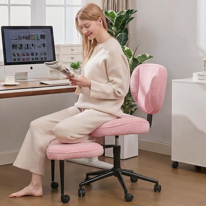 Criss Cross Office Chair with Wheels, Adjustable-Height Backrest & Swivel Footrest, Ergonomic Cross Legged Office Chair with Leg Rest for Kneeling Meditation Yoga ADHD (Pink Teddy Fleece)