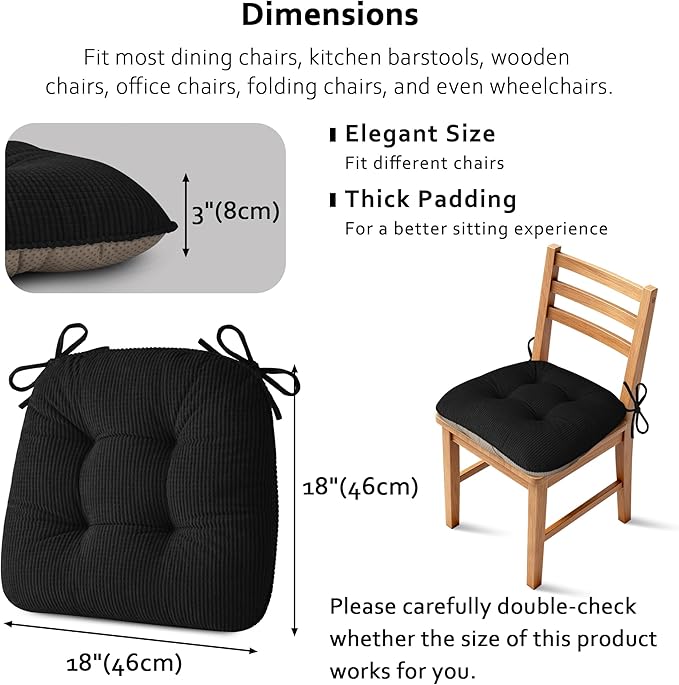 ELFJOY Dining Chair Cushions Thick Non Slip Kitchen Chair Pads with Ties Comfortable Indoor Kitchen Seat Cushions 18" x 18" x 3" (2, Black)