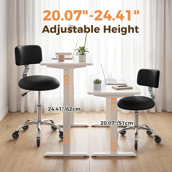 Rolling Stool Chair with Wheels, Office Drafting Chair with Back Support, Height Adjustable Standing Desk Stool with PU Leather Cushion for Home Office Kitchen Vanity Spa Garage Tattoo Dentist, Black