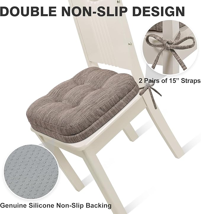 Shinnwa Kitchen Chair Cushions Set of 4, Dual-Layer Memory Foam Dining Chair Cushions, Patented Design Seat Pads with Ties, 16.5 x 16.5 x 3.5in, 4 Pack, Light Brown