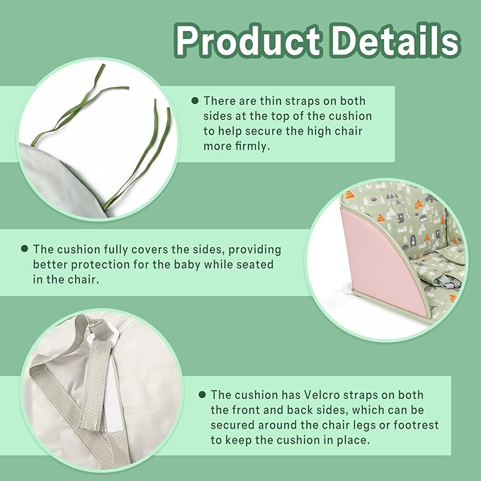 High Chair Pad, High Chair Cushion, High Chair Cover Pad, Safe and Comfort, Soft and Breathable, Cute Pattern, Baby Sits More Comfortable（Green Animal Pattern）