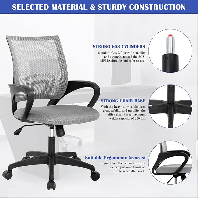 MKDLUFEI Modern Grey Mesh Office Chair with Lumbar Support Arms, Adjustable Height, Breathable Mesh Backrest, Comfortable Home Office Desk Chair for Adults