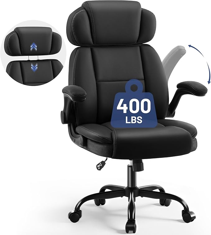 AreShark Ergonomic Office Chair with Lumbar Support, 400lbs Heavy Duty Big and Tall Executive Desk Chair, PU Leather High Back Computer Chair with Flip-Up Arms & Adjustable Headrest, Black