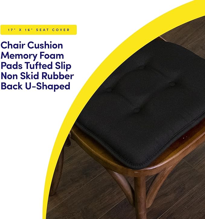 Sweet Home Collection Chair Cushion Memory Foam Pads Tufted Slip Non Skid Rubber Back U-Shaped 17" x 16" Seat Cover, 12 Count (Pack of 1), Black