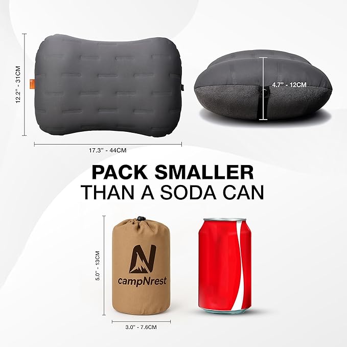 Inflatable Camping Pillow - Ultralight Compact Air Pillow for Travel, Backpacking & Hiking - Ergonomic Neck & Lumbar Support - Portable Inflatable Pillow with Removable Washable Cover - (Grey 2 Pack)