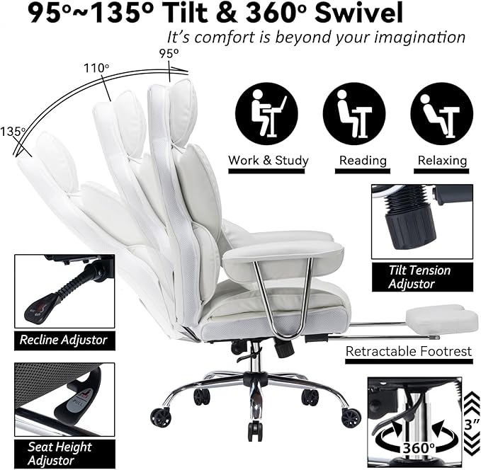 Efomao Big and Tall Office Chair 400lbs – High Back Executive Chair with Swivel Base, PU Leather Upholstery, Lumbar Pillow, Padded Armrests, and Rolling Wheels，White Computer Chair