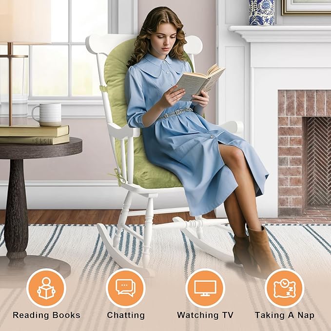Rocking Chair Cushion - Chenille Fabric, High-Density Sponge, Durable Comfort Double-Sided Tufted Seat Pads with Ties, Chenille︱Avocado Green, 44x19x4 inch