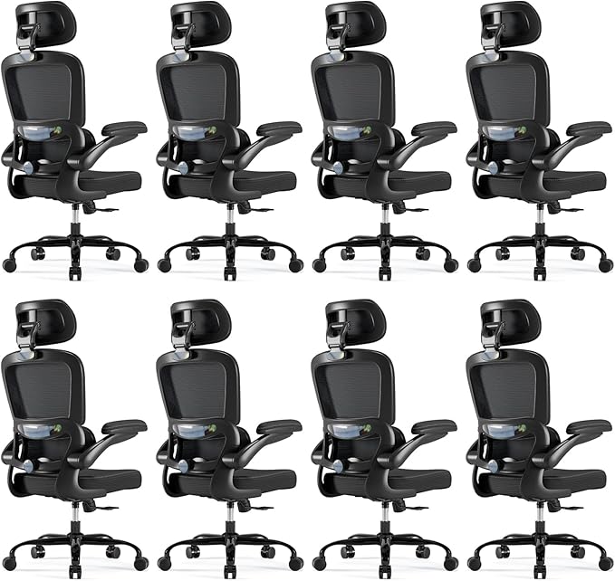 TRALT Ergonomic Office Chair - Desk Chair with Adjustable Headrest Lumbar Support Computer Chair - Mesh Comfy Chair with Flip-up Armrests - Gaming Chair for Adults Home Office PU, Black, Pack of 8
