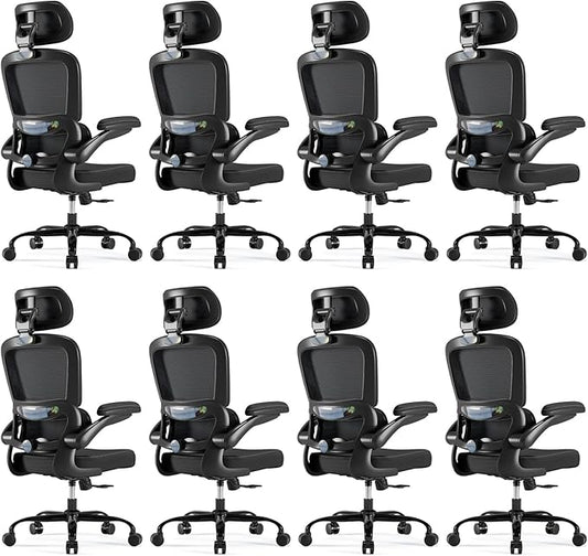 TRALT Ergonomic Office Chair - Desk Chair with Adjustable Headrest Lumbar Support Computer Chair - Mesh Comfy Chair with Flip-up Armrests - Gaming Chair for Adults Home Office PU, Black, Pack of 8