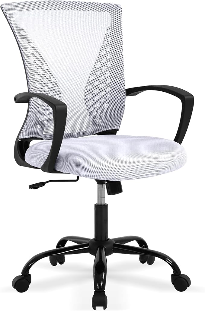 Modern Office Chair - Breathable Mesh Ergonomic Chair with Adjustable Lumbar Support, Mid Back Computer Chair for Home Office, Minimalist Design & Easy Assembly (White)