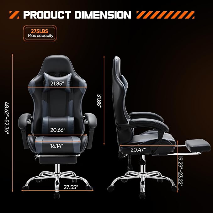 DUMOS Gaming Office Desk Chair with Footrest and Headrest for Adults, PU Leather Ergonomic Video Computer Chair with Linkage Armrests, Height Adjustable 360° Swivel Recling Chair, New Grey